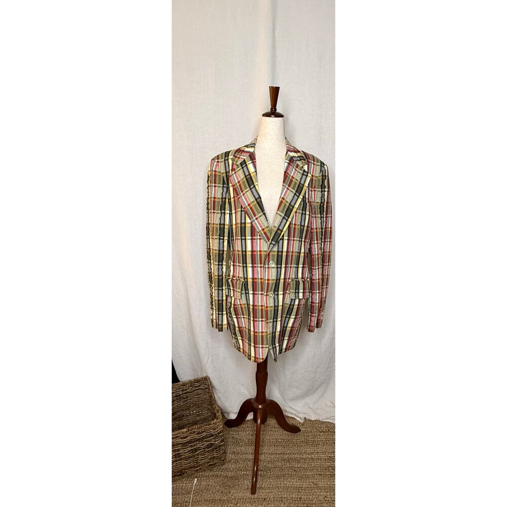 Vintage Men’s Plaid Seersucker Blazer Palm Beqch Coker’s of South Carolina 
42L
